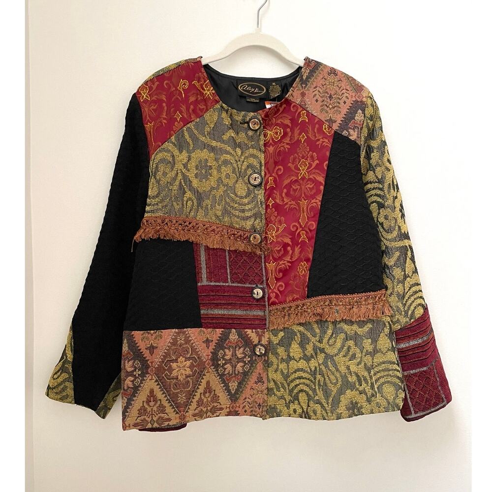 VTG Alex Kim Tapestry Patchwork Jacket XL Fringe Boho Hippie Artsy Folk 70s